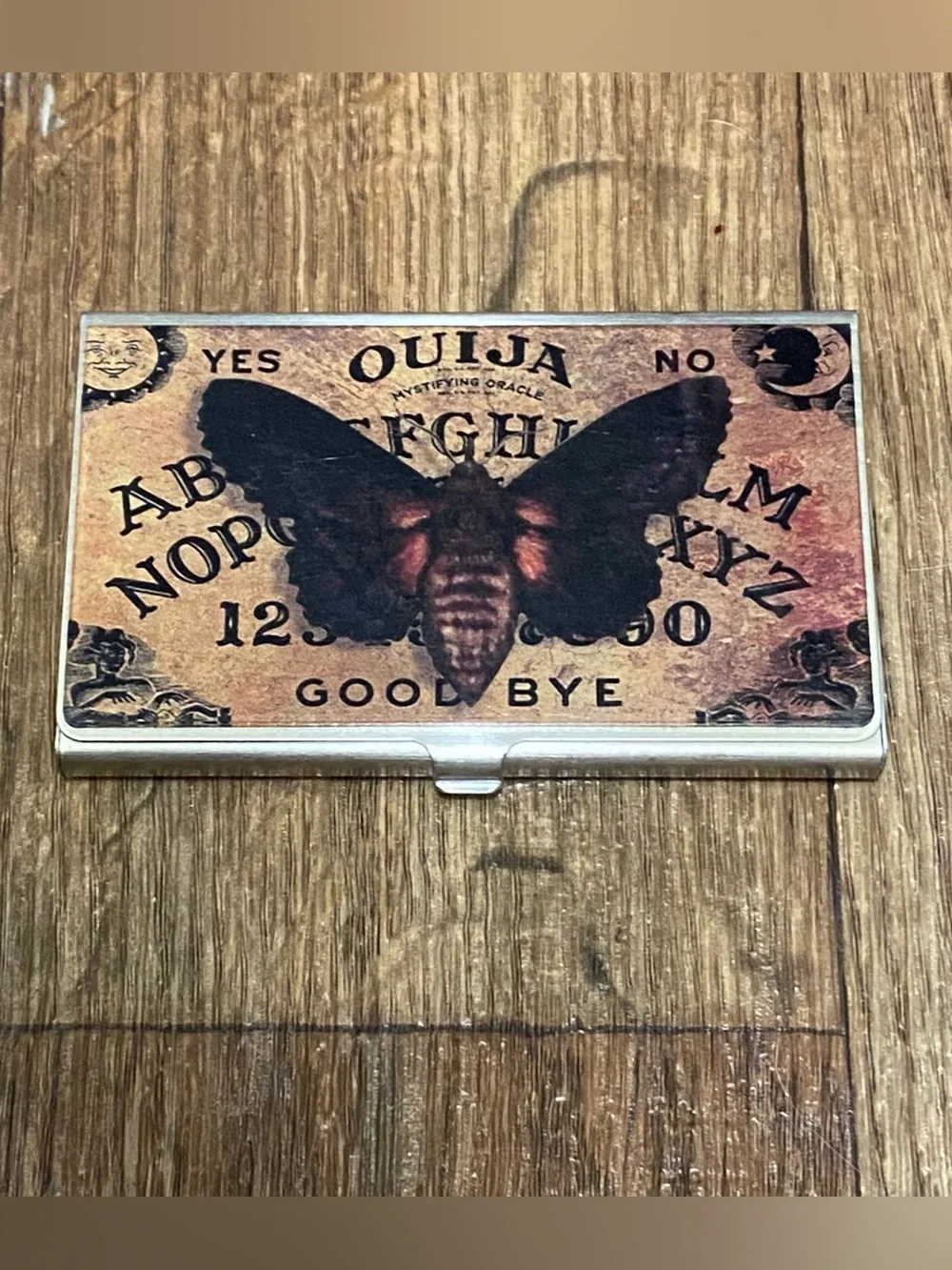 Classic Hardware Metal Business Card Holder Moth On Ouija Board Goth Mystic